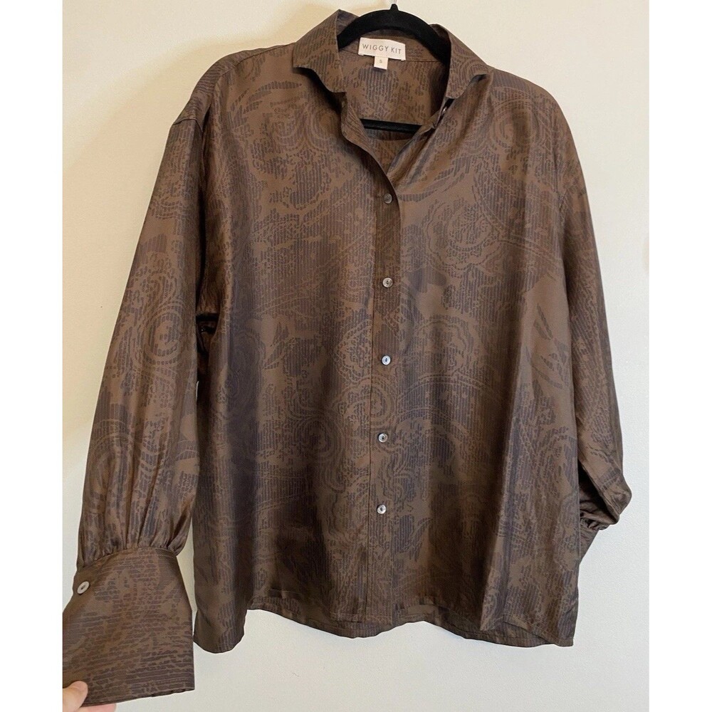 Wiggy Kit Floral Jacquard Ornate Silk Blouse Women’s S Brown Luxury Romantic